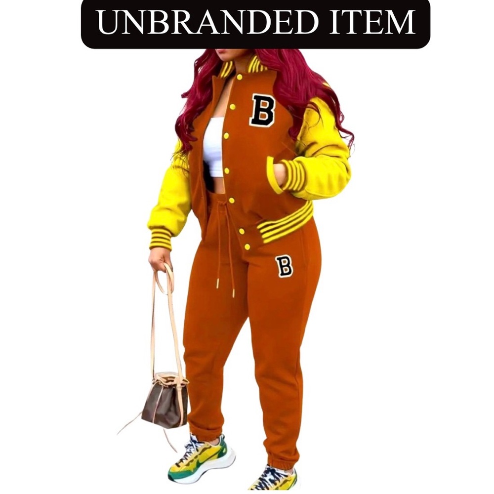 VARSITY JACKET & PANTS: Brown & Yellow Varsity Set w/Letter “B” Embroidery, NIP